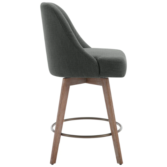 Modern Counter Height Swivel Bar Stool – Upholstered Faux Leather/Polyester Blend Seat, Solid Beech Wood Frame, Ergonomic High Back, Bronze Metal Footrest, 300lb Capacity for Kitchen, Bar, or Pub