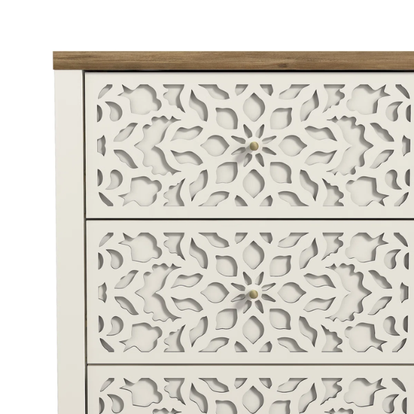 Boho-Inspired 45.4" 6-Drawer Dresser with Distressed Finish and Openwork Floral Details