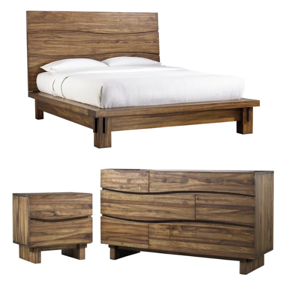 Boho-Inspired Configurable Bedroom Set with Bold Design, Solid Wood Construction, and Wavy Accents - Includes Platform Bed, Nightstand, and 6-Drawer Dresser in Rich Brown Finish