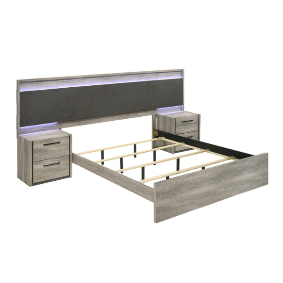 Modern LED Wall Bed with Nightstands, Dresser, Mirror, and Chest in Weathered Gray