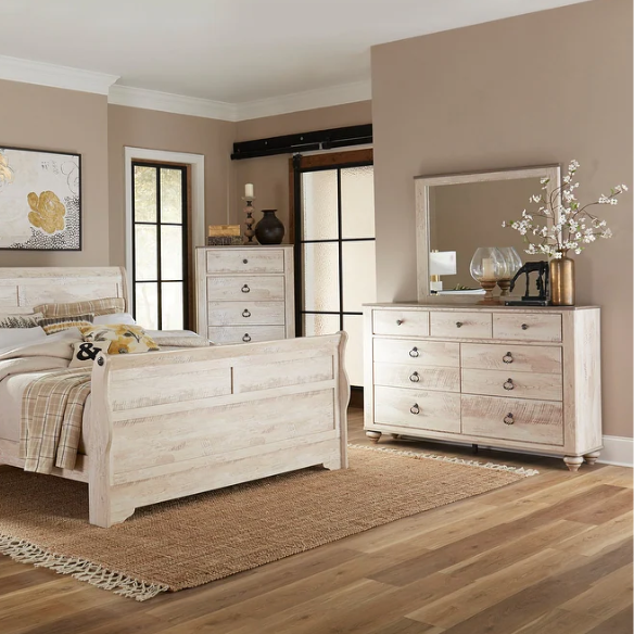 Charming 6-Piece White Wash Finish Bedroom Set with Sleigh Bed, Dresser, Mirror, Nightstands, and Chest – Antique Bronze Accents and Rustic Elegance