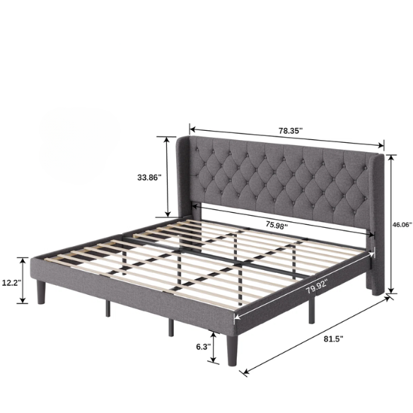 Luxurious King Size Upholstered Wingback Platform Bed with Button-Tufted Linen Fabric – Sturdy Wood Frame, High-Density Foam, and Ample Under-Bed Storage for a Stylish, Safe, and Comfortable Bedroom