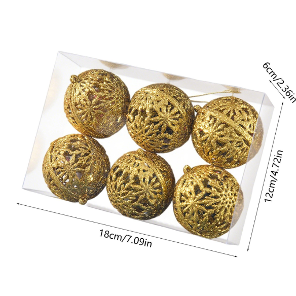 Gold Glitter Snowflake Christmas Ball Ornaments – Set of 6 Decorative Holiday Baubles