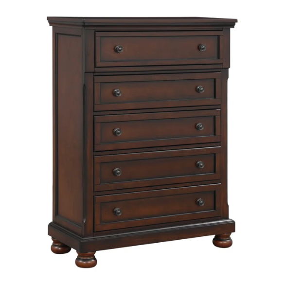Timeless 5-Piece Platform Bedroom Set with Hidden Storage, Rich Medium Brown Finish, Birch Veneer, and Hardwood Accents - Featuring Bun Feet, Clever Drawer Storage, and Classic Transitional Design