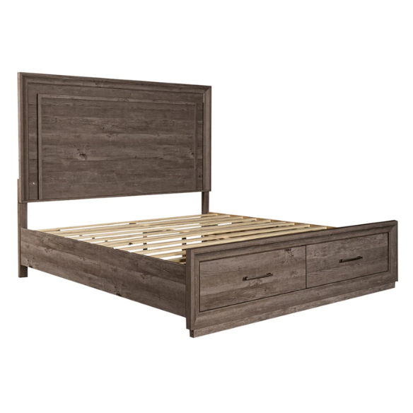Modern Greystone 4-Piece King Storage Bed, Dresser, Mirror & Nightstand Set with LED Lighting, Built-In Charging Station, and Brushed Nickel Hardware – Floating Panel Headboard and Plinth Base