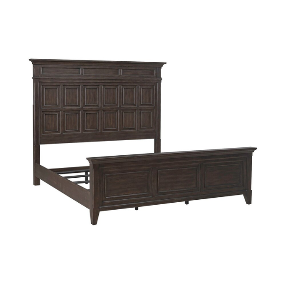 Rustic Elegance 3-Piece King Panel Bed, Dresser & Mirror Set in Saddle Brown – Crafted with Rubberwood and Split Heart White Oak Veneers, Soft-Close Drawers, Cedar Lining, Antique Pewter Hardware, and Crown Molding Details