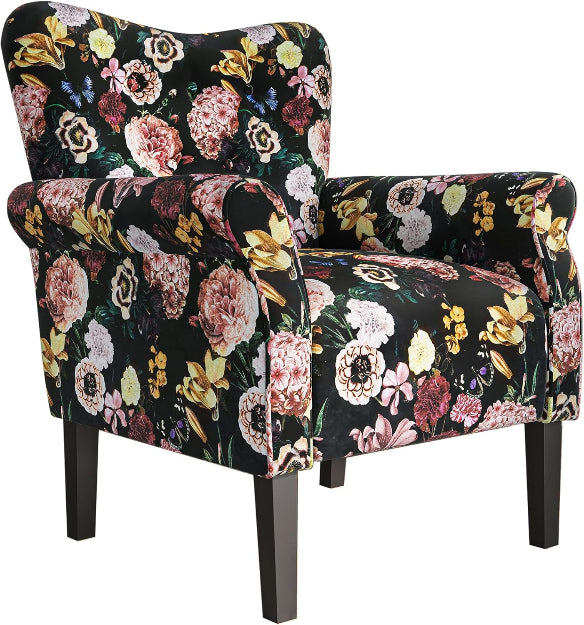A Black Floral Wingback Accent Chair featuring a luxurious black fabric with intricate floral patterns, offering a modern-retro aesthetic. The chair has a tufted wingback design, wide cushioned seat, and padded armrests for ergonomic comfort. Supported by elegant tapered wood legs, it blends traditional charm with contemporary style. Ideal for a living room, office, or reading nook, this accent chair provides both comfort and sophistication.