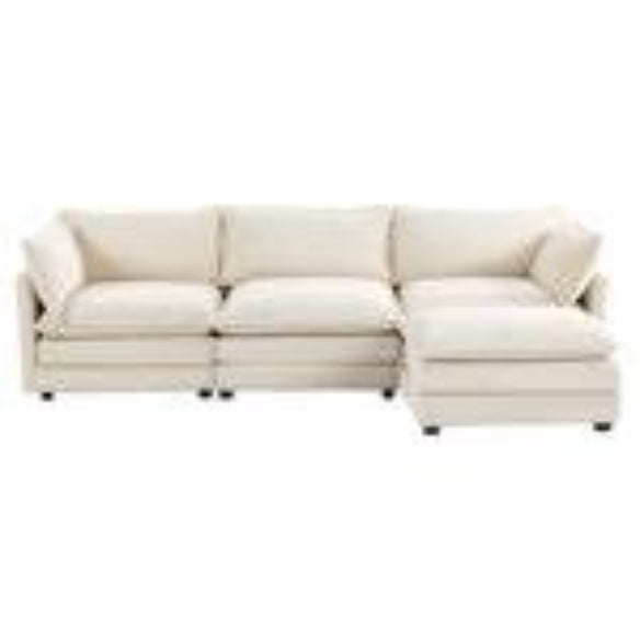 Modern 4-piece L-shaped sectional sofa in premium beige corduroy fabric. Features high-elastic sponge cushions, sturdy metal and wood frame, and a movable ottoman for flexible configurations. Easy assembly and versatile design perfect for living rooms, bedrooms, or offices.