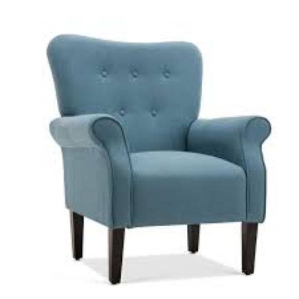 A stylish and elegant Baby Blue Wingback Accent Chair with a tufted backrest, soft linen fabric, and padded armrests. The chair features a wide cushioned seat and sleek, tapered wood legs with rubber inserts. Its modern design with retro-inspired elements adds a sophisticated touch to any room, offering both comfort and timeless appeal for lounging, reading, or relaxing. The chair is ideal for living rooms, offices, or sunrooms.