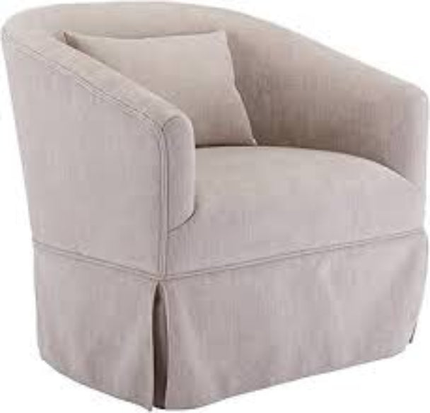 A set of two beige cream swivel accent chairs with soft linen blend upholstery, sleek metal frames, and wood accent details. The chairs feature a 360-degree swivel base for easy movement and are filled with foam and spring cushioning for comfort. The metal legs with steel details provide stability, and the modern design fits well in various spaces like living rooms, bedrooms, and offices. The chairs are sturdy, versatile, and easy to assemble, offering both style and durability for any home.