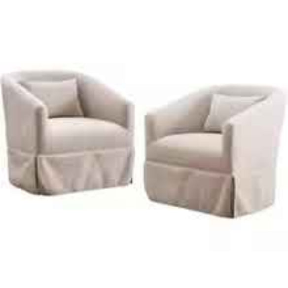 A set of two beige cream swivel accent chairs with soft linen blend upholstery, sleek metal frames, and wood accent details. The chairs feature a 360-degree swivel base for easy movement and are filled with foam and spring cushioning for comfort. The metal legs with steel details provide stability, and the modern design fits well in various spaces like living rooms, bedrooms, and offices. The chairs are sturdy, versatile, and easy to assemble, offering both style and durability for any home.