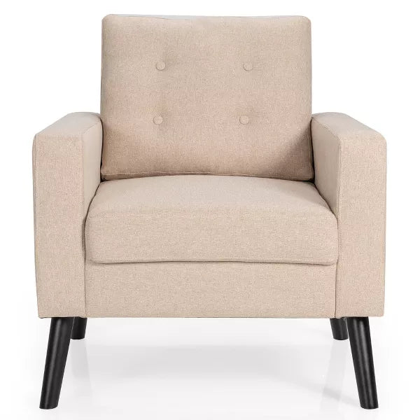 A beige Mid-Century Modern accent chair featuring a square tufted back, gracefully curved arms, and solid birch wood tapered legs with a dark espresso finish. Upholstered in 100% polyester fabric, the chair includes a thick foam cushion for comfort and is designed for small spaces. Perfect for living rooms, offices, bedrooms, or reading nooks, this chair blends timeless style and durability. It has a weight capacity of 300 lbs and requires easy assembly.