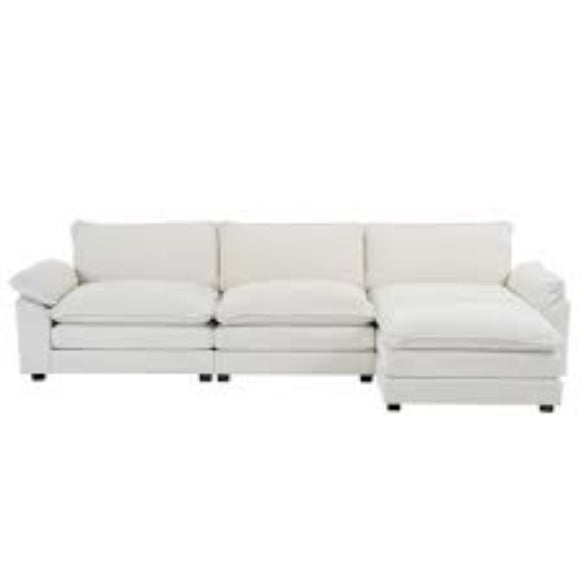 Modern 4-piece L-shaped sectional sofa in premium beige corduroy fabric. Features high-elastic sponge cushions, sturdy metal and wood frame, and a movable ottoman for flexible configurations. Easy assembly and versatile design perfect for living rooms, bedrooms, or offices.