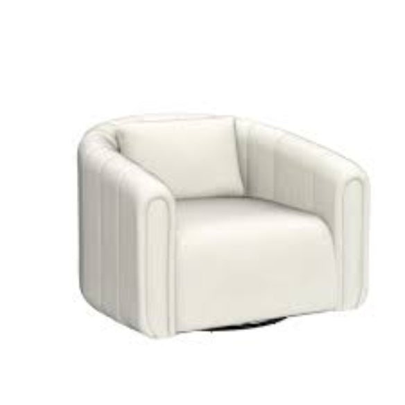 Beige barrel swivel chair upholstered in soft velvet fabric, featuring a 360-degree rotating base, a lumbar pillow for support, and high-density foam cushioning. The elegant chair has a neutral beige color, sleek barrel design, and sturdy metal swivel base with a solid wood frame. Perfect for adding comfort and sophistication to living rooms, nurseries, or bedrooms.