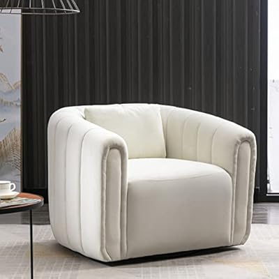 Beige barrel swivel chair upholstered in soft velvet fabric, featuring a 360-degree rotating base, a lumbar pillow for support, and high-density foam cushioning. The elegant chair has a neutral beige color, sleek barrel design, and sturdy metal swivel base with a solid wood frame. Perfect for adding comfort and sophistication to living rooms, nurseries, or bedrooms.