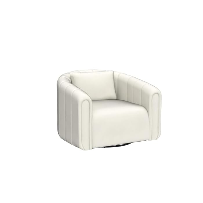 Beige barrel swivel chair upholstered in soft velvet fabric, featuring a 360-degree rotating base, a lumbar pillow for support, and high-density foam cushioning. The elegant chair has a neutral beige color, sleek barrel design, and sturdy metal swivel base with a solid wood frame. Perfect for adding comfort and sophistication to living rooms, nurseries, or bedrooms.