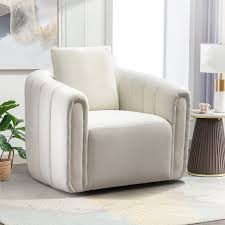 Beige barrel swivel chair upholstered in soft velvet fabric, featuring a 360-degree rotating base, a lumbar pillow for support, and high-density foam cushioning. The elegant chair has a neutral beige color, sleek barrel design, and sturdy metal swivel base with a solid wood frame. Perfect for adding comfort and sophistication to living rooms, nurseries, or bedrooms.