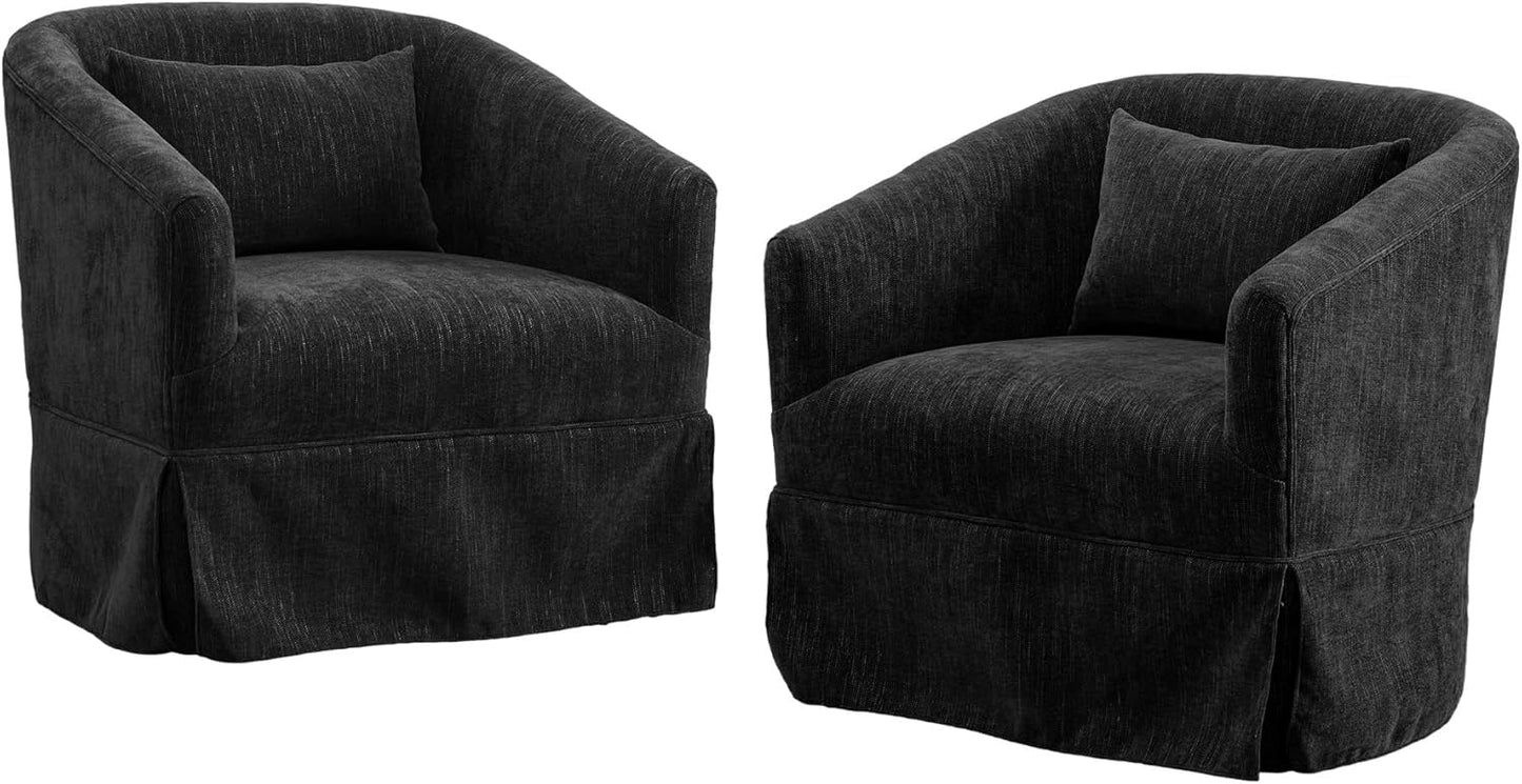 Set of two Midnight Black swivel accent chairs featuring soft linen blend upholstery, a 360-degree swivel base, sleek metal frames with wood accent detailing, and sturdy construction with steel-enhanced legs. These chairs offer a blend of modern style and exceptional comfort, ideal for a variety of spaces such as the living room, office, or bedroom. The high-quality foam and spring fill ensure long-lasting comfort, while the minimalist design adds a sophisticated touch to any room. Family-Friendly