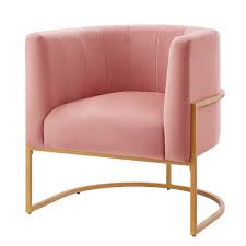Blush pink velvet barrel accent chair with a U-shaped cantilever gold base, featuring foam-filled seat and back for comfort, and chic channel tufting for added texture. Elegant Art Deco-inspired design with solid wood and stainless steel frame for durability.