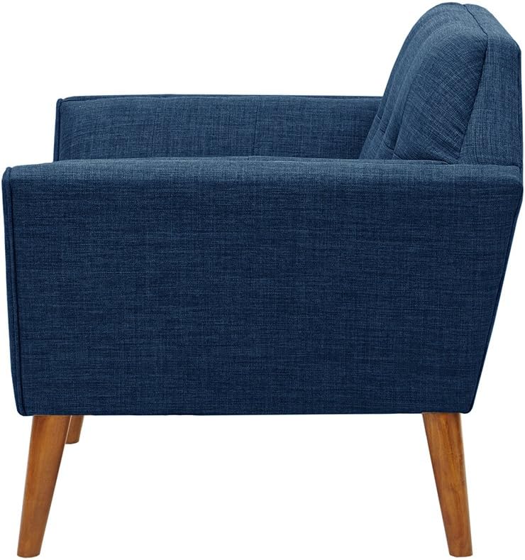 A stylish blue accent chair featuring a wide, contoured backrest and ergonomic armrests for added comfort. Upholstered in soft polyester fabric with plush sponge cushioning and built-in S-shaped springs, the chair provides a relaxing seating experience. The sturdy rubber wood legs with anti-slip foot pads support up to 330 lbs. The chair also boasts an elegant tufted design, adding a touch of sophistication to any room. Perfect for living rooms, bedrooms, or home offices, it is easy to assemble with include