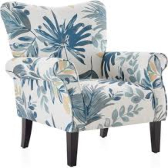 Blue and cream floral accent chair with a high backrest and tapered wooden legs. The chair features a soft floral pattern in serene blue and cream tones, offering a blend of modern sophistication and vintage charm. The design includes cushioned armrests and a generously padded seat for comfort. Ideal for a living room, office, or reading nook, this elegant chair adds a stylish and inviting touch to any space.