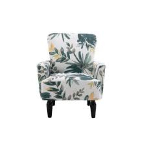 Blue and cream floral accent chair with a high backrest and tapered wooden legs. The chair features a soft floral pattern in serene blue and cream tones, offering a blend of modern sophistication and vintage charm. The design includes cushioned armrests and a generously padded seat for comfort. Ideal for a living room, office, or reading nook, this elegant chair adds a stylish and inviting touch to any space.