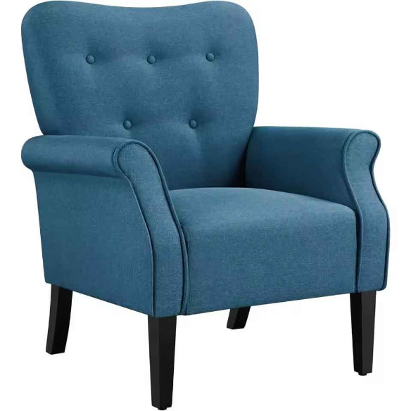 Solid Blue Mid-Century Modern Upholstered Fabric Accent Armchair with rolled arms, tufted back, and tapered wooden legs. The chair features a bold, vibrant solid blue fabric upholstery, adding a touch of timeless elegance and contemporary flair to any room. Ideal for living rooms, bedrooms, offices, or studios, the chair combines comfort and style with its sturdy rubberwood frame, plush foam cushions, and sleek design.