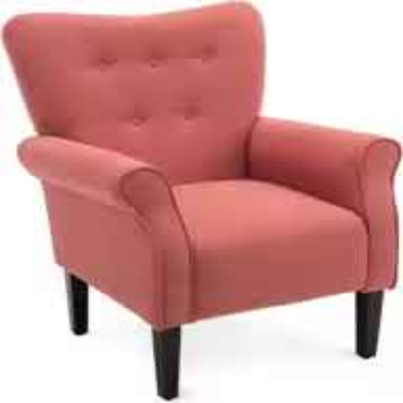 A brick red accent chair with a high backrest, gently sloped sides, and padded armrests. The chair features a solid brick red upholstery, providing a warm and elegant look. It is supported by sleek, tapered wooden legs with rubber inserts to protect floors. Perfect for relaxing, reading, or lounging, this modern yet timeless piece adds comfort and sophistication to any room in your home.
