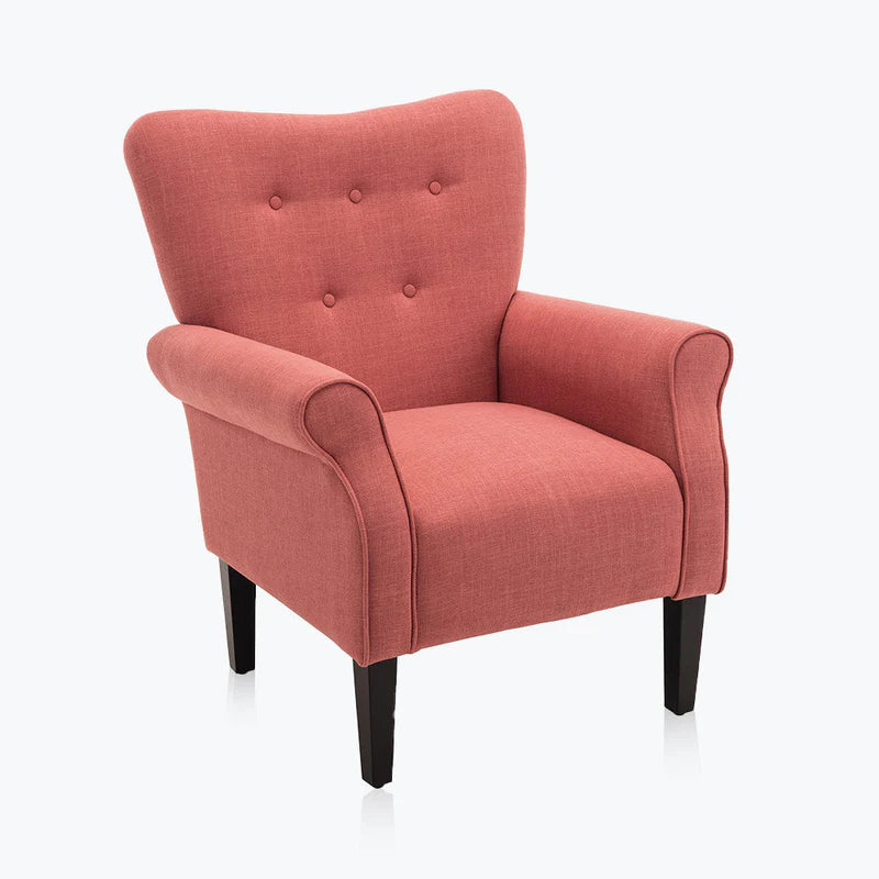 A brick red accent chair with a high backrest, gently sloped sides, and padded armrests. The chair features a solid brick red upholstery, providing a warm and elegant look. It is supported by sleek, tapered wooden legs with rubber inserts to protect floors. Perfect for relaxing, reading, or lounging, this modern yet timeless piece adds comfort and sophistication to any room in your home.