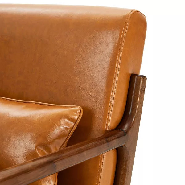 Set of two brown PU leather low-back accent chairs with high-density cushions, soft upholstery, and ergonomic design for superior lumbar support. Featuring a solid wood frame for durability and footpads for floor protection. Ideal for living rooms, bedrooms, or offices, offering both comfort and style with easy maintenance.