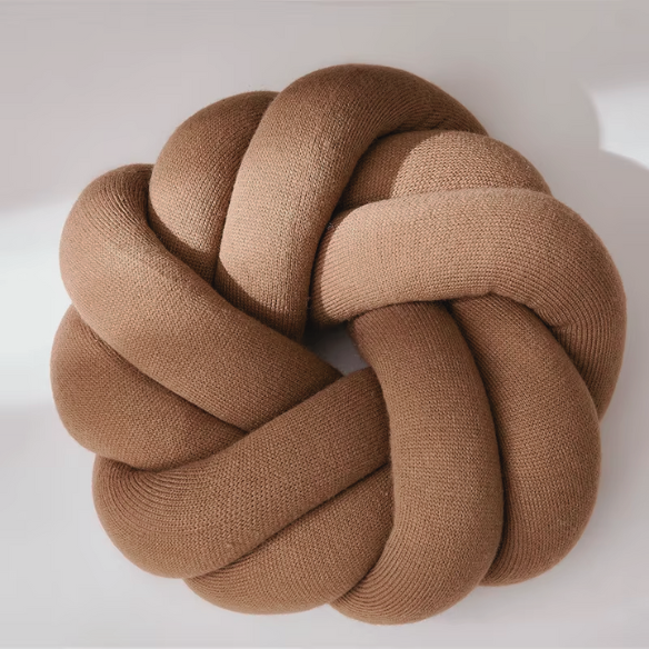 Brown handmade cotton knot throw pillow, round design, 30 cm diameter – soft plush decorative cushion for sofa, bed, chair, or car
