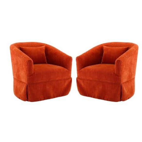 A set of two Burnt Orange Swivel Accent Chairs featuring rich, warm upholstery in burnt orange, set atop sleek metal frames with wood accents. The chairs have a 360-degree swivel base for easy movement and flexible seating. Their modern yet timeless design, along with plush foam and spring cushioning, offers comfort and style, making them a versatile addition to various home spaces like living rooms, offices, or bedrooms.