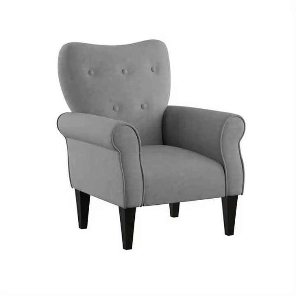 Mid-century modern dark gray upholstered fabric accent armchair with tufted back buttons, rolled arms, and tapered wooden legs. This chair combines stylish elegance with comfort, featuring plush foam seating and a sturdy rubberwood frame, making it an ideal addition to living rooms, offices, or bedrooms.