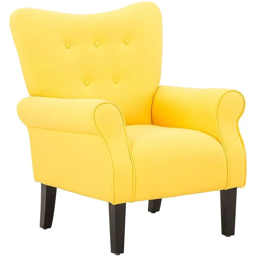 A Citrine Yellow Solid Accent Chair featuring a vibrant, bold yellow hue with a high backrest, cushioned seat, and tapered wooden legs, offering a modern yet timeless design. Perfect for adding a pop of color and comfort to living rooms, offices, or reading nooks.