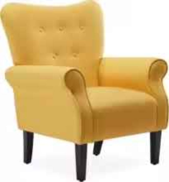 A Citrine Yellow Solid Accent Chair featuring a vibrant, bold yellow hue with a high backrest, cushioned seat, and tapered wooden legs, offering a modern yet timeless design. Perfect for adding a pop of color and comfort to living rooms, offices, or reading nooks.