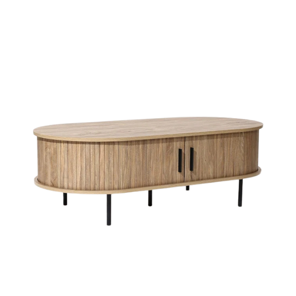 Mid-century modern coffee table with tambour sliding doors, featuring a warm oak grain finish and sleek, compact design. Ideal for storage and stylish living room decor.