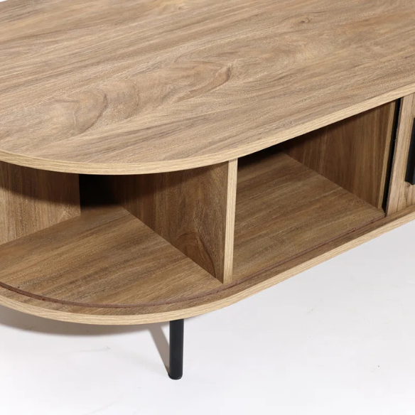 Mid-century modern coffee table with tambour sliding doors, featuring a warm oak grain finish and sleek, compact design. Ideal for storage and stylish living room decor.