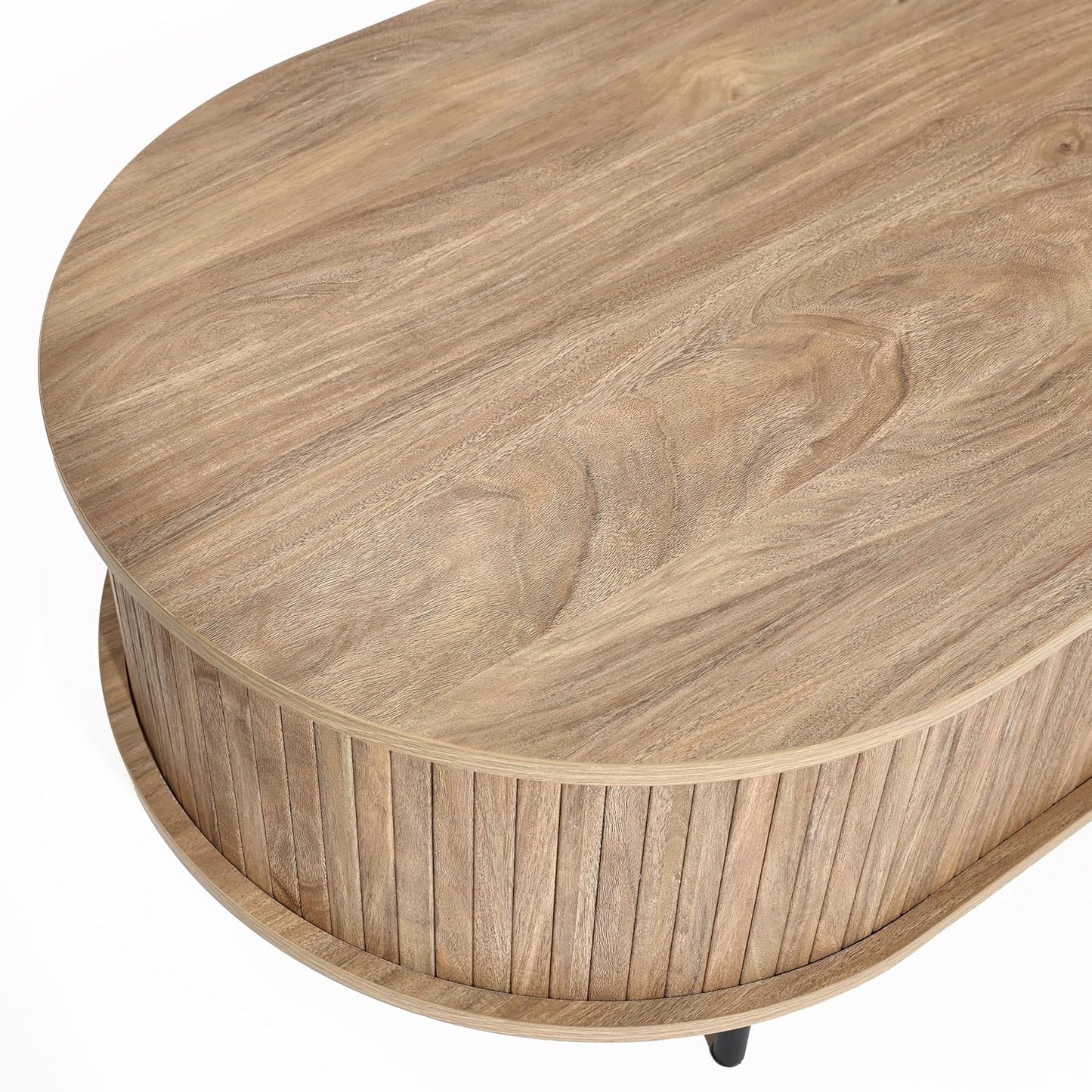 Mid-century modern coffee table with tambour sliding doors, featuring a warm oak grain finish and sleek, compact design. Ideal for storage and stylish living room decor.