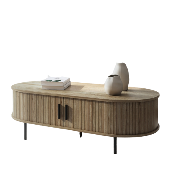 Mid-century modern coffee table with tambour sliding doors, featuring a warm oak grain finish and sleek, compact design. Ideal for storage and stylish living room decor.