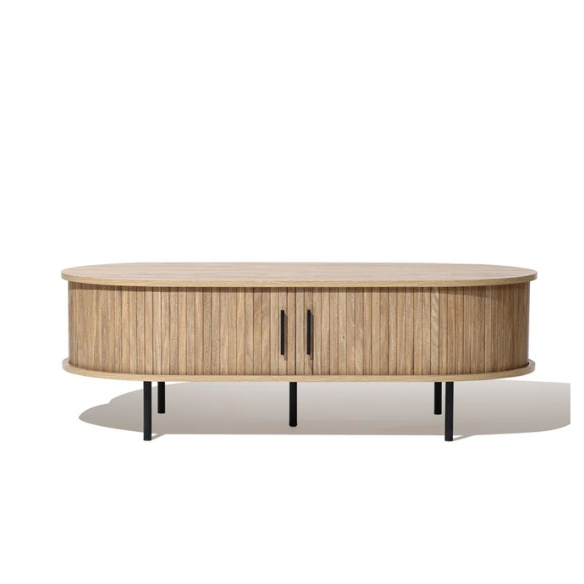 Mid-century modern coffee table with tambour sliding doors, featuring a warm oak grain finish and sleek, compact design. Ideal for storage and stylish living room decor.