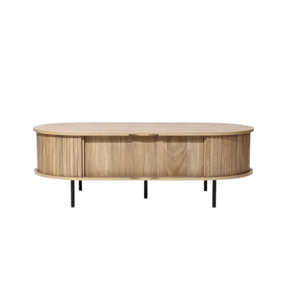 Mid-century modern coffee table with tambour sliding doors, featuring a warm oak grain finish and sleek, compact design. Ideal for storage and stylish living room decor.