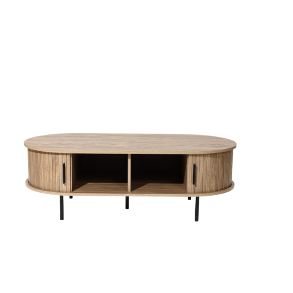 Mid-century modern coffee table with tambour sliding doors, featuring a warm oak grain finish and sleek, compact design. Ideal for storage and stylish living room decor.