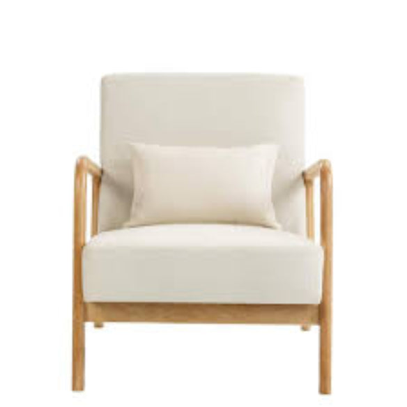 Beige low-back accent chair with plush cushions and ergonomic design, featuring a solid wood frame and footpads for stability. Ideal for living rooms, bedrooms, or offices, offering comfort and support with high-density sponge cushioning and breathable linen fabric. Easy to assemble and maintain, perfect for relaxation and reading.