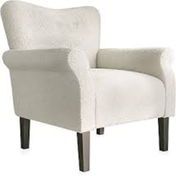 Beige cream bouclé accent chair featuring a modern yet timeless design with a minimalist silhouette, luxurious bouclé fabric, and a wide, cushioned seat for comfort. The chair is supported by tapered wooden legs, offering stability and elegance. Its neutral tones make it a versatile addition to various room styles, perfect for a living room, office, or reading nook.