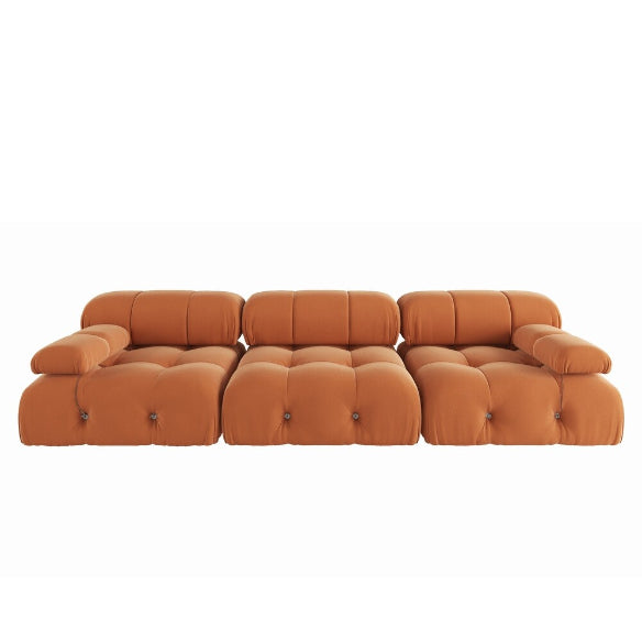 Modern burnt orange velvet sectional sofa with plush upholstery, button tufting, and durable wood frame. Versatile design with individual seat cushions for ultimate comfort, supporting up to 330 lbs per seat. Perfect for living rooms, offering easy assembly and a sleek, contemporary style.