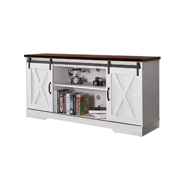 Farmhouse-style TV stand with sliding barn doors, grey water-resistant wood grain finish, and spacious storage for up to 65-inch TVs. Includes adjustable shelves and cable management for a tidy, modern look.