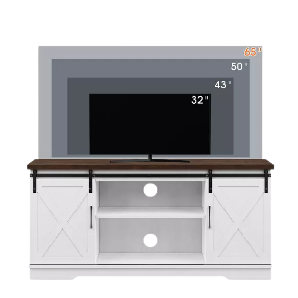 Farmhouse-style TV stand with sliding barn doors, grey water-resistant wood grain finish, and spacious storage for up to 65-inch TVs. Includes adjustable shelves and cable management for a tidy, modern look.