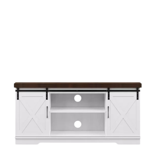 Farmhouse-style TV stand with sliding barn doors, grey water-resistant wood grain finish, and spacious storage for up to 65-inch TVs. Includes adjustable shelves and cable management for a tidy, modern look.