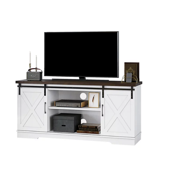 Farmhouse-style TV stand with sliding barn doors, grey water-resistant wood grain finish, and spacious storage for up to 65-inch TVs. Includes adjustable shelves and cable management for a tidy, modern look.