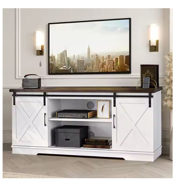 Farmhouse-style TV stand with sliding barn doors, grey water-resistant wood grain finish, and spacious storage for up to 65-inch TVs. Includes adjustable shelves and cable management for a tidy, modern look.